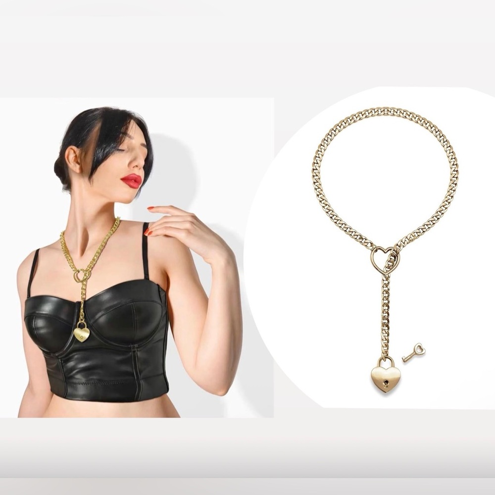 NEW! 90s/Y2K Heart Lock & Key Gold Stainless Steel Adjustable Toggle Necklace - Picture 2 of 7